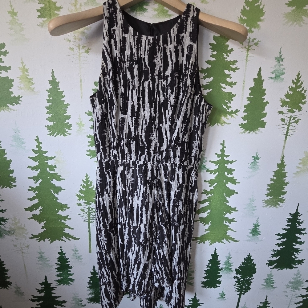 Ann Taylor Black And Grey Printed Sleeveless Silk Waist Tie Dress